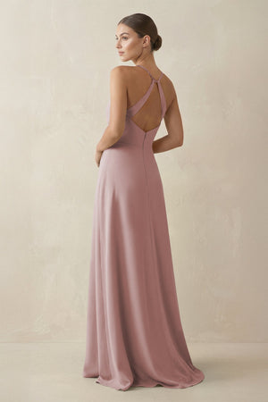 A - Line Chiffon Long Bridesmaid Dress With Slit in Toffee - KissProm