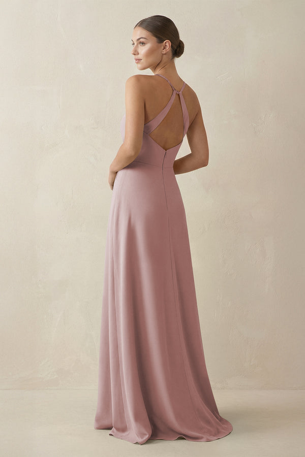A - Line Chiffon Long Bridesmaid Dress With Slit in Toffee - KissProm