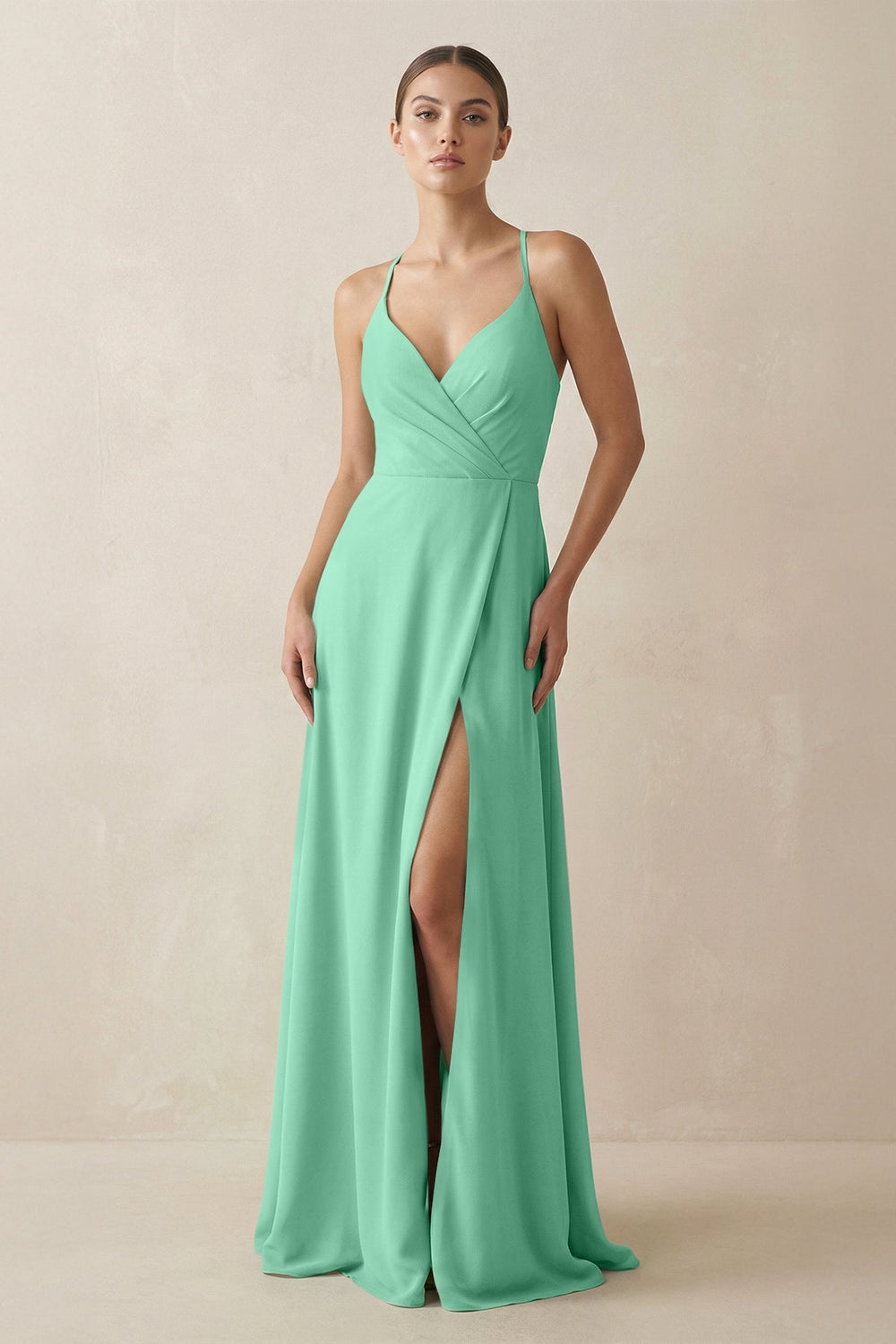A - Line Chiffon Long Bridesmaid Dress With Slit in Turquoise - KissProm
