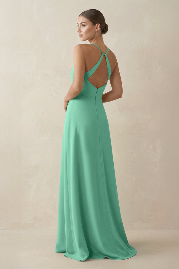 A - Line Chiffon Long Bridesmaid Dress With Slit in Turquoise - KissProm