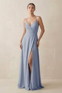 A - Line Chiffon Long Bridesmaid Dress With Slit in Twilight - KissProm