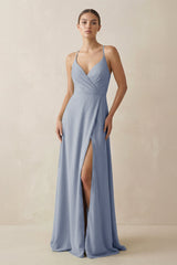 A - Line Chiffon Long Bridesmaid Dress With Slit in Twilight - KissProm