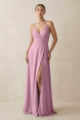 A - Line Chiffon Long Bridesmaid Dress With Slit in Vintage Mauve - KissProm