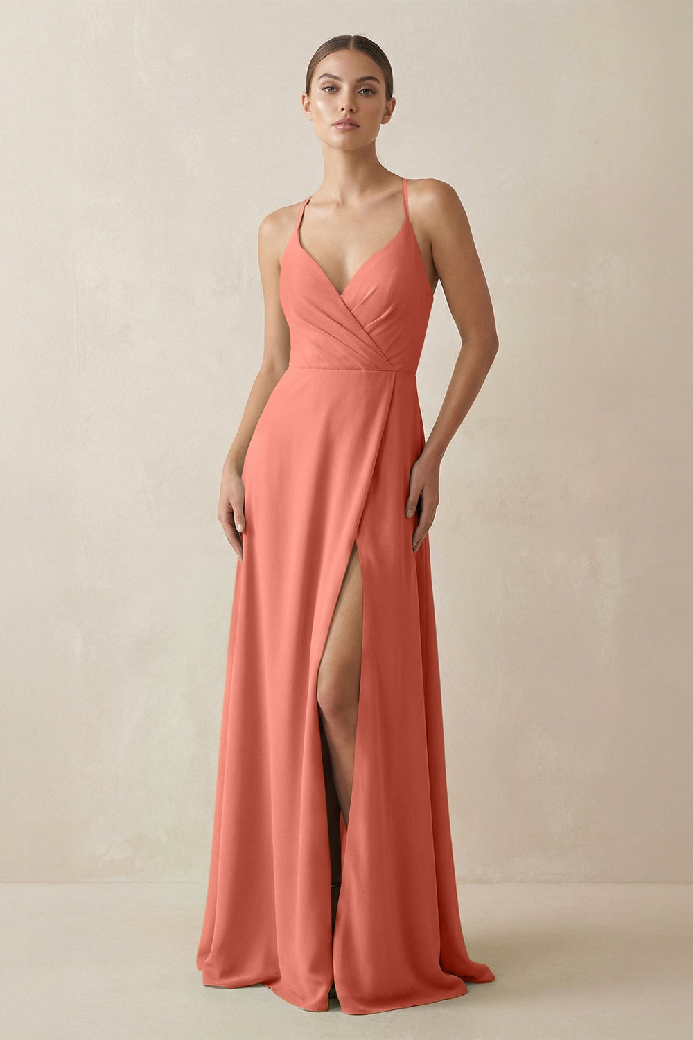 A - Line Chiffon Long Bridesmaid Dress With Slit in Wild Rose - KissProm