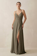 A - Line Chiffon Long Bridesmaid Dress With Slit in Willow Green - KissProm