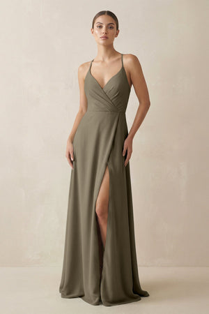 A - Line Chiffon Long Bridesmaid Dress With Slit in Willow Green - KissProm