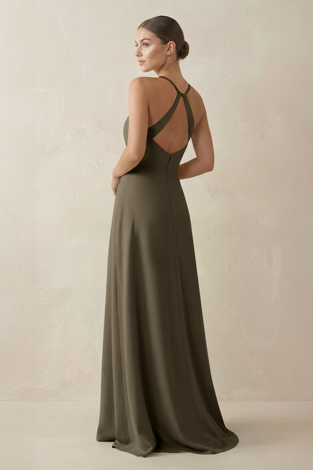 A - Line Chiffon Long Bridesmaid Dress With Slit in Willow Green - KissProm
