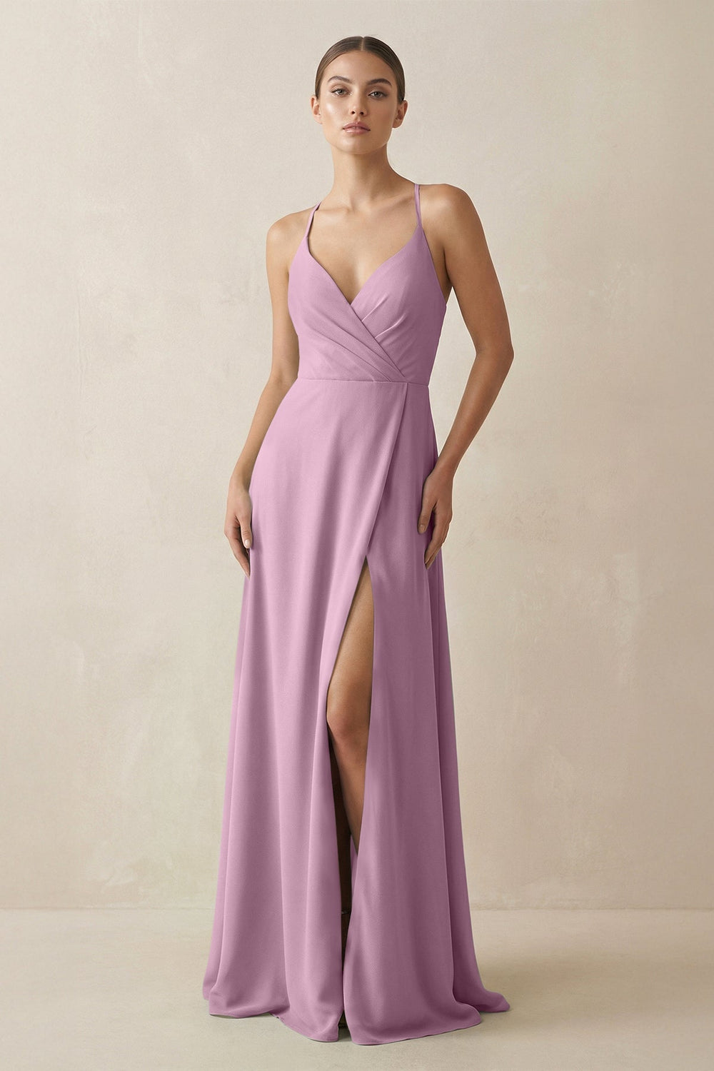 A - Line Chiffon Long Bridesmaid Dress With Slit in Wisteria - KissProm