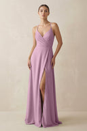 A - Line Chiffon Long Bridesmaid Dress With Slit in Wisteria - KissProm