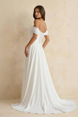 A - Line Chiffon Sleeveless Off - the - Shoulder Wedding Dress with Ruching Floor Length  – Wedding Dresses by KissProm | Available at KissProm