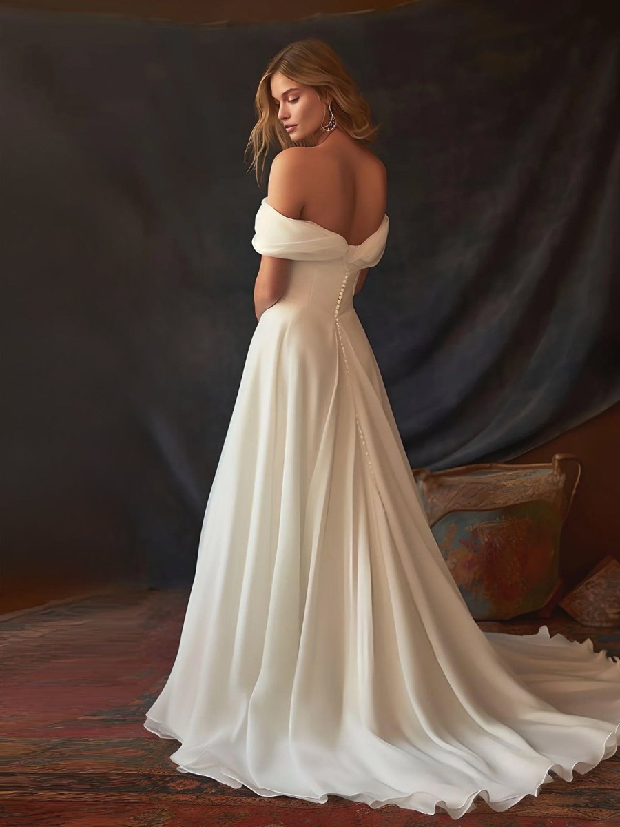 A - Line Chiffon Sleeveless Off - the - Shoulder Wedding Dress with Ruching Floor Length - KissProm