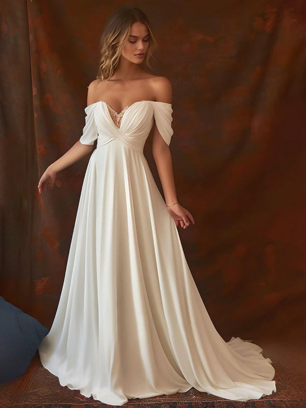 A - Line Chiffon Sleeveless Off - the - Shoulder Wedding Dress with Ruching Floor Length - KissProm