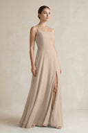 A - Line Chiffon Spaghetti Strap Bridesmaid Dress in Almond - KissProm Bridesmaid Dresses