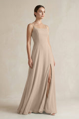 A - Line Chiffon Spaghetti Strap Bridesmaid Dress in Almond - KissProm Bridesmaid Dresses