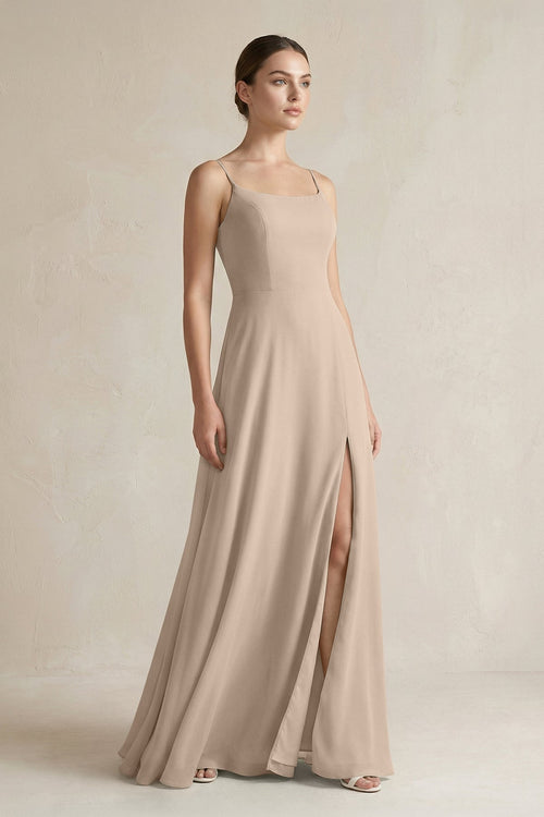 A - Line Chiffon Spaghetti Strap Bridesmaid Dress in Almond - KissProm Bridesmaid Dresses