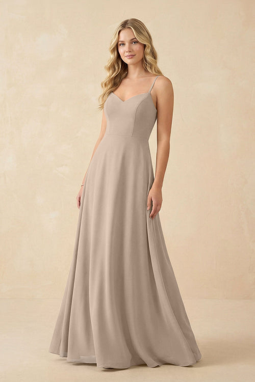 A-Line Chiffon Spaghetti Strap Bridesmaid Dress in Almond - KissProm BRIDESMAID DRESSES