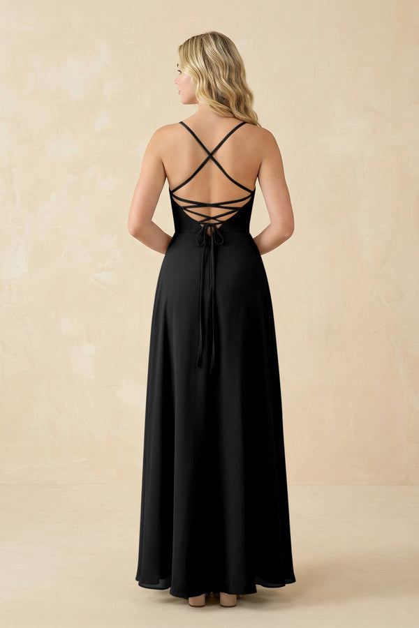 A-Line Chiffon Spaghetti Strap Bridesmaid Dress in Black - KissProm BRIDESMAID DRESSES