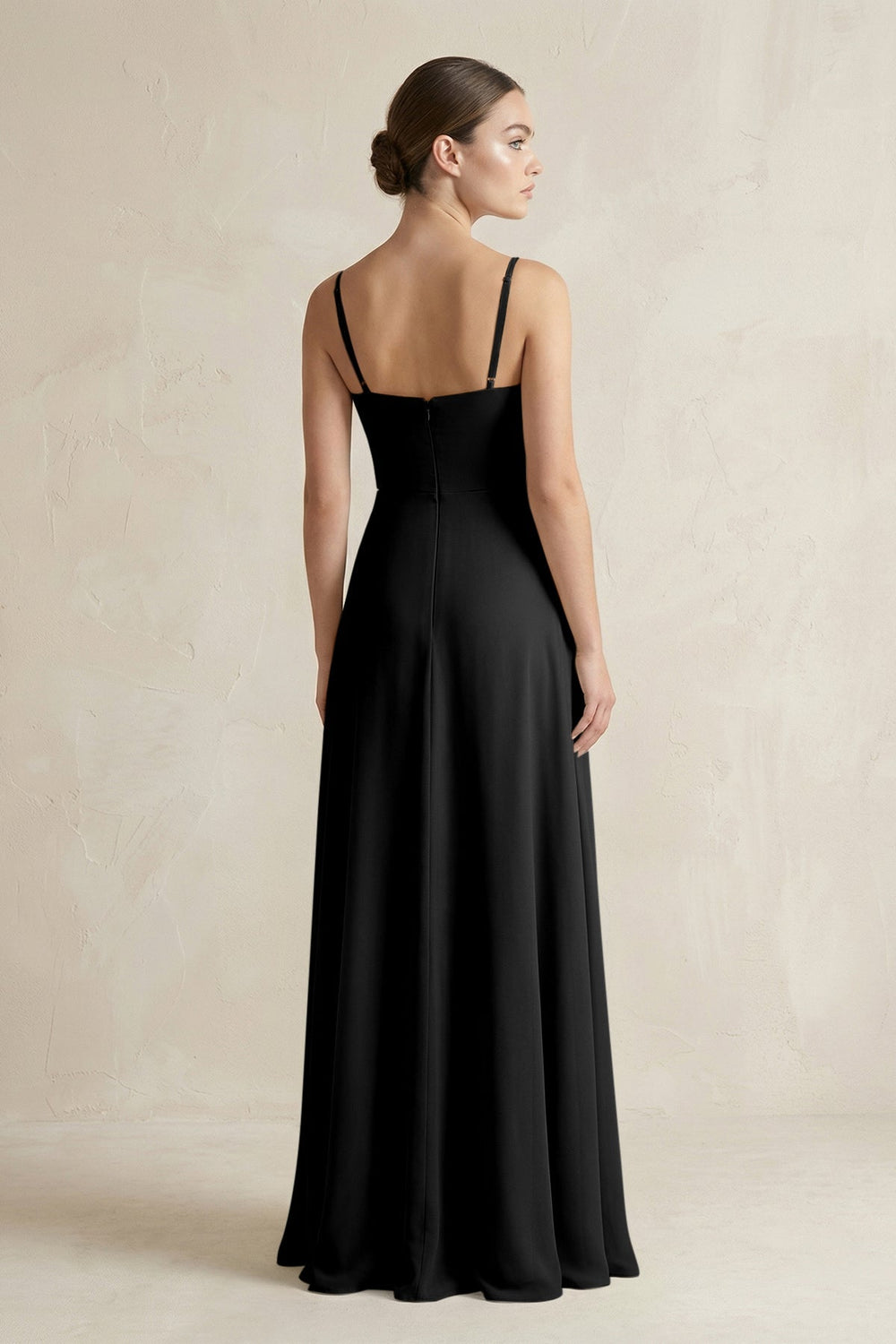 A - Line Chiffon Spaghetti Strap Bridesmaid Dress in Black - KissProm Bridesmaid Dresses