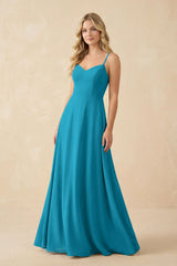 A-Line Chiffon Spaghetti Strap Bridesmaid Dress in Blue Jay - KissProm BRIDESMAID DRESSES