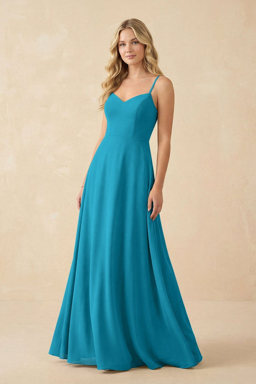 A-Line Chiffon Spaghetti Strap Bridesmaid Dress in Blue Jay - KissProm BRIDESMAID DRESSES