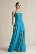 A - Line Chiffon Spaghetti Strap Bridesmaid Dress in Blue Jay - KissProm Bridesmaid Dresses