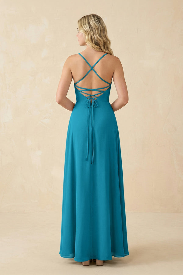 A-Line Chiffon Spaghetti Strap Bridesmaid Dress in Blue Jay - KissProm BRIDESMAID DRESSES