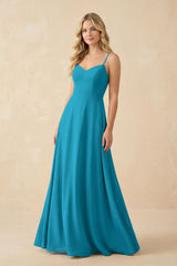 A-Line Chiffon Spaghetti Strap Bridesmaid Dress in Blue Jay - KissProm BRIDESMAID DRESSES