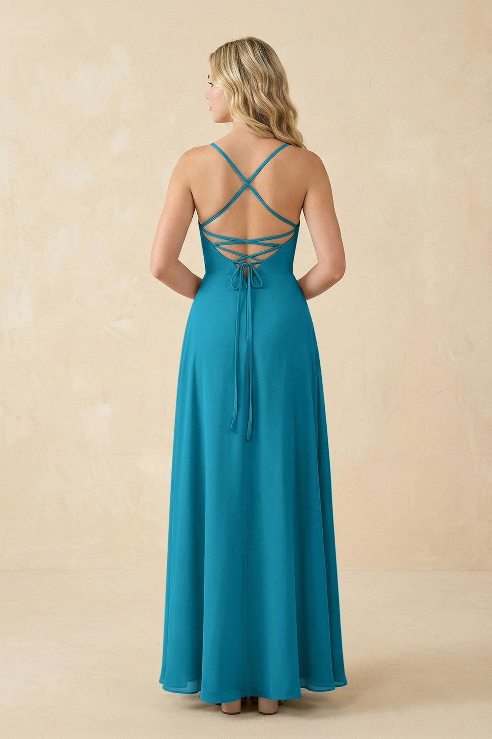 A-Line Chiffon Spaghetti Strap Bridesmaid Dress in Blue Jay - KissProm BRIDESMAID DRESSES