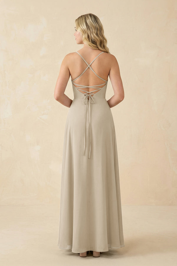 A-Line Chiffon Spaghetti Strap Bridesmaid Dress in Champagne - KissProm BRIDESMAID DRESSES
