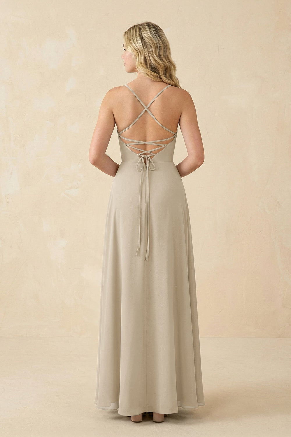 A-Line Chiffon Spaghetti Strap Bridesmaid Dress in Champagne - KissProm BRIDESMAID DRESSES