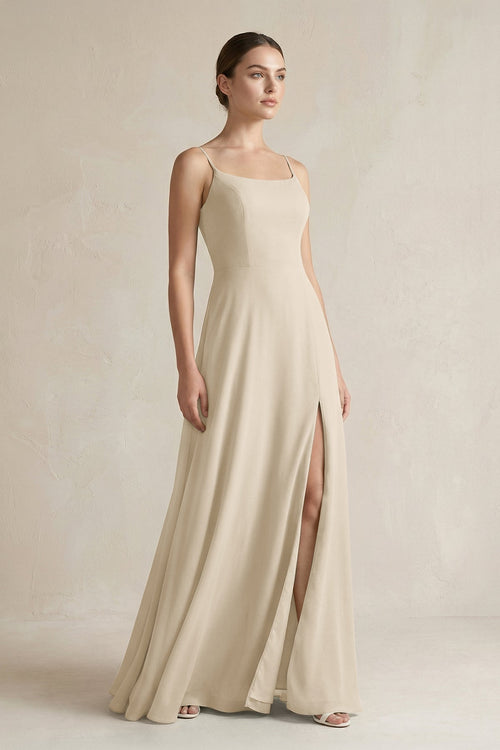 A - Line Chiffon Spaghetti Strap Bridesmaid Dress in Champagne - KissProm Bridesmaid Dresses
