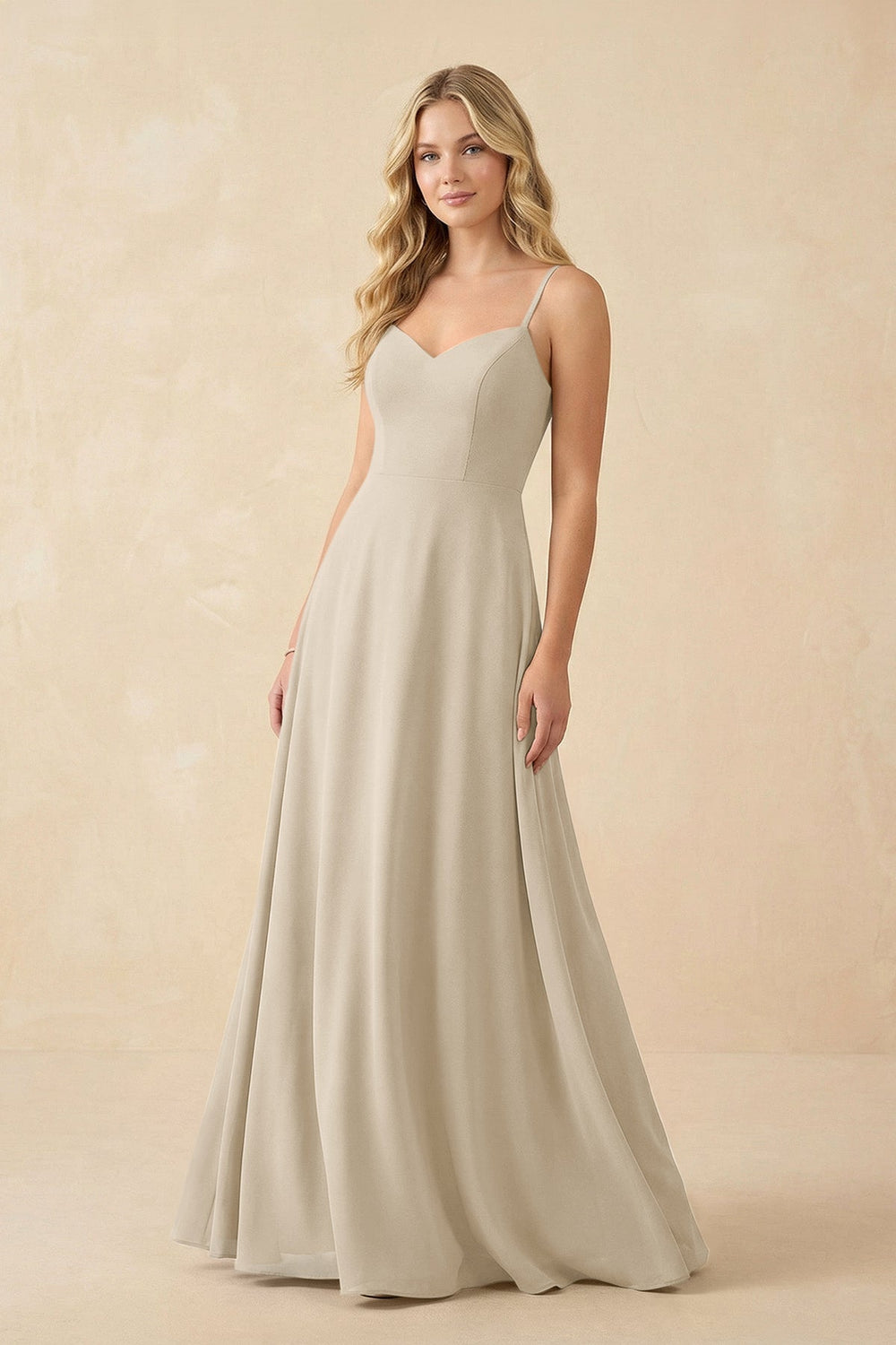 A-Line Chiffon Spaghetti Strap Bridesmaid Dress in Champagne - KissProm BRIDESMAID DRESSES
