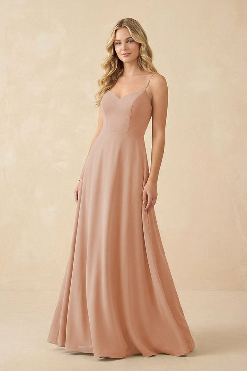 A-Line Chiffon Spaghetti Strap Bridesmaid Dress in Champagne Rose - KissProm BRIDESMAID DRESSES