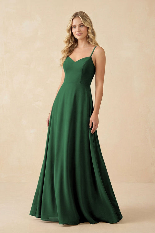A-Line Chiffon Spaghetti Strap Bridesmaid Dress in Dark Green - KissProm BRIDESMAID DRESSES
