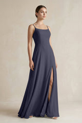 A - Line Chiffon Spaghetti Strap Bridesmaid Dress in Dusk Blue - KissProm Bridesmaid Dresses