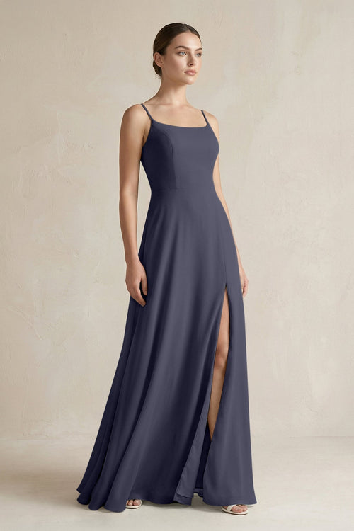 A - Line Chiffon Spaghetti Strap Bridesmaid Dress in Dusk Blue - KissProm Bridesmaid Dresses
