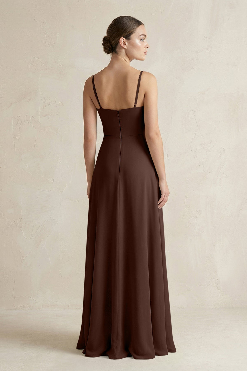 A - Line Chiffon Spaghetti Strap Bridesmaid Dress in Espresso - KissProm Bridesmaid Dresses