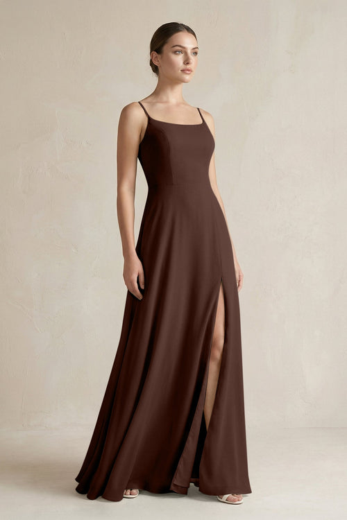 A - Line Chiffon Spaghetti Strap Bridesmaid Dress in Espresso - KissProm Bridesmaid Dresses