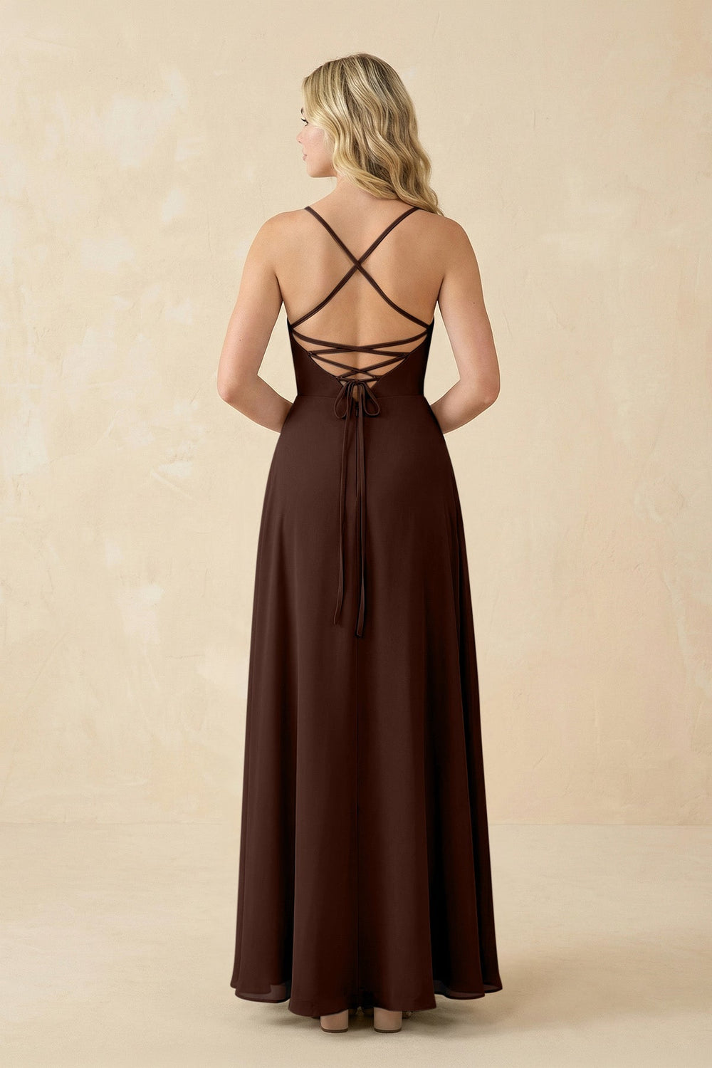 A-Line Chiffon Spaghetti Strap Bridesmaid Dress in Espresso - KissProm BRIDESMAID DRESSES