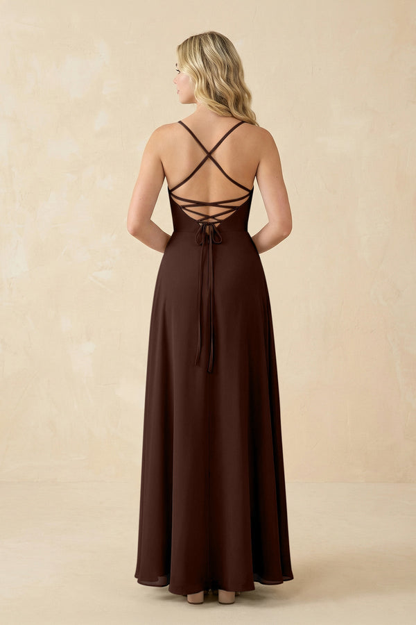 A-Line Chiffon Spaghetti Strap Bridesmaid Dress in Espresso - KissProm BRIDESMAID DRESSES