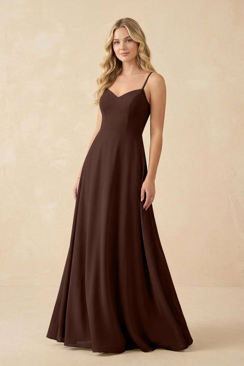 A-Line Chiffon Spaghetti Strap Bridesmaid Dress in Espresso - KissProm BRIDESMAID DRESSES