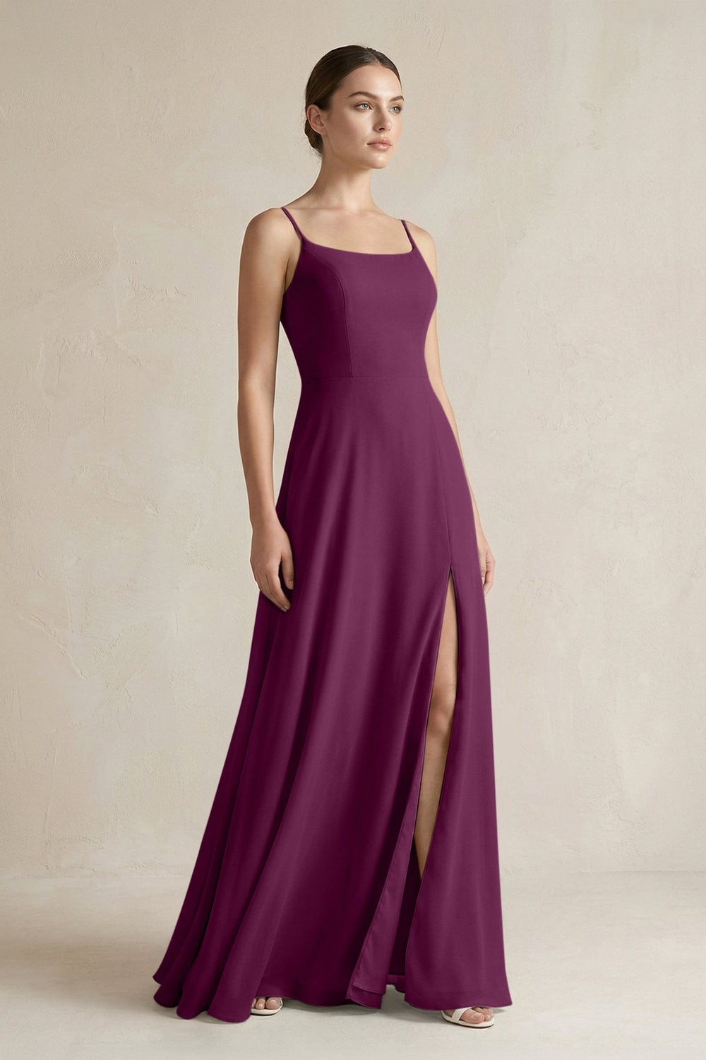 A - Line Chiffon Spaghetti Strap Bridesmaid Dress in Fig - KissProm Bridesmaid Dresses