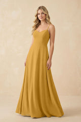 A-Line Chiffon Spaghetti Strap Bridesmaid Dress in Marigold - KissProm BRIDESMAID DRESSES