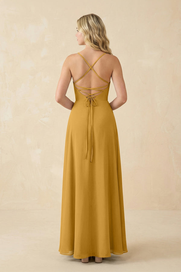 A-Line Chiffon Spaghetti Strap Bridesmaid Dress in Marigold - KissProm BRIDESMAID DRESSES