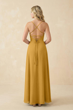 A-Line Chiffon Spaghetti Strap Bridesmaid Dress in Marigold - KissProm BRIDESMAID DRESSES