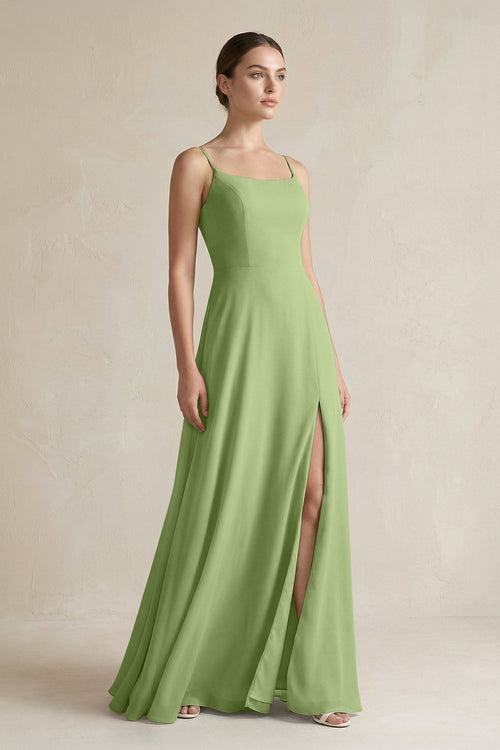 A - Line Chiffon Spaghetti Strap Bridesmaid Dress in Matcha - KissProm Bridesmaid Dresses
