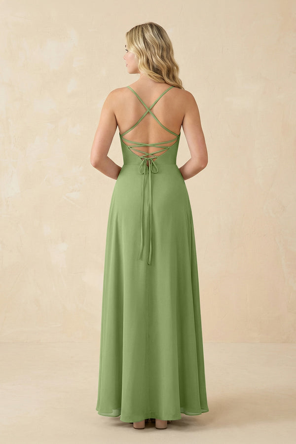 A-Line Chiffon Spaghetti Strap Bridesmaid Dress in Matcha - KissProm BRIDESMAID DRESSES