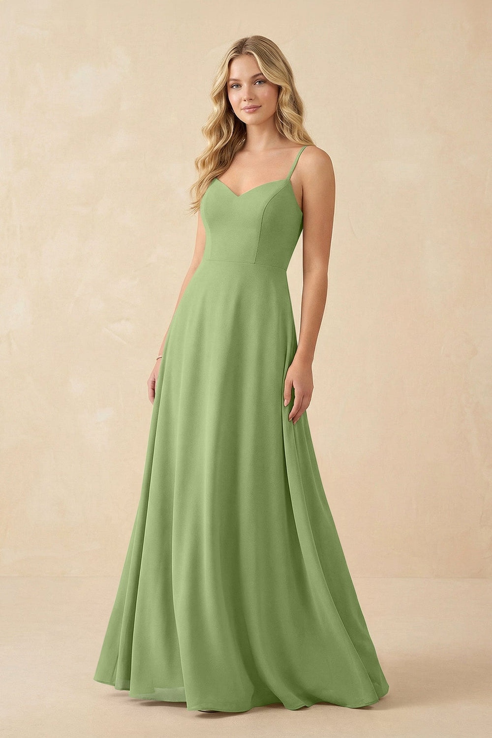 A-Line Chiffon Spaghetti Strap Bridesmaid Dress in Matcha - KissProm BRIDESMAID DRESSES