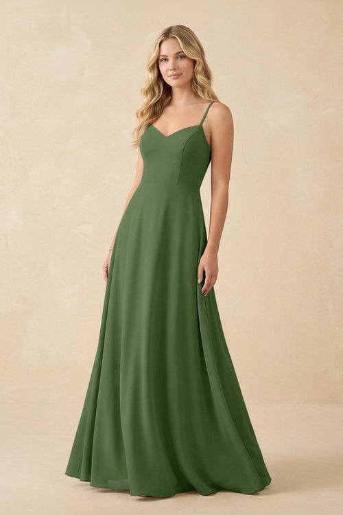 A-Line Chiffon Spaghetti Strap Bridesmaid Dress in Moss - KissProm BRIDESMAID DRESSES