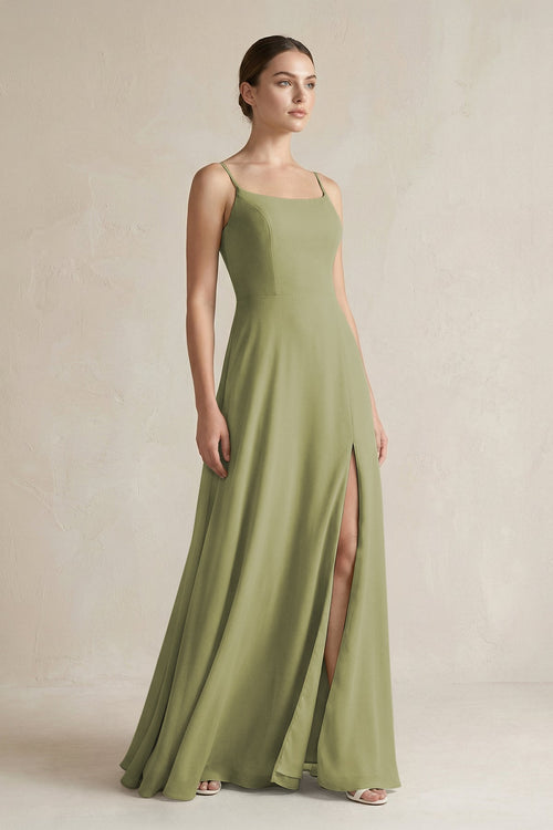 A - Line Chiffon Spaghetti Strap Bridesmaid Dress in Moss Green - KissProm Bridesmaid Dresses